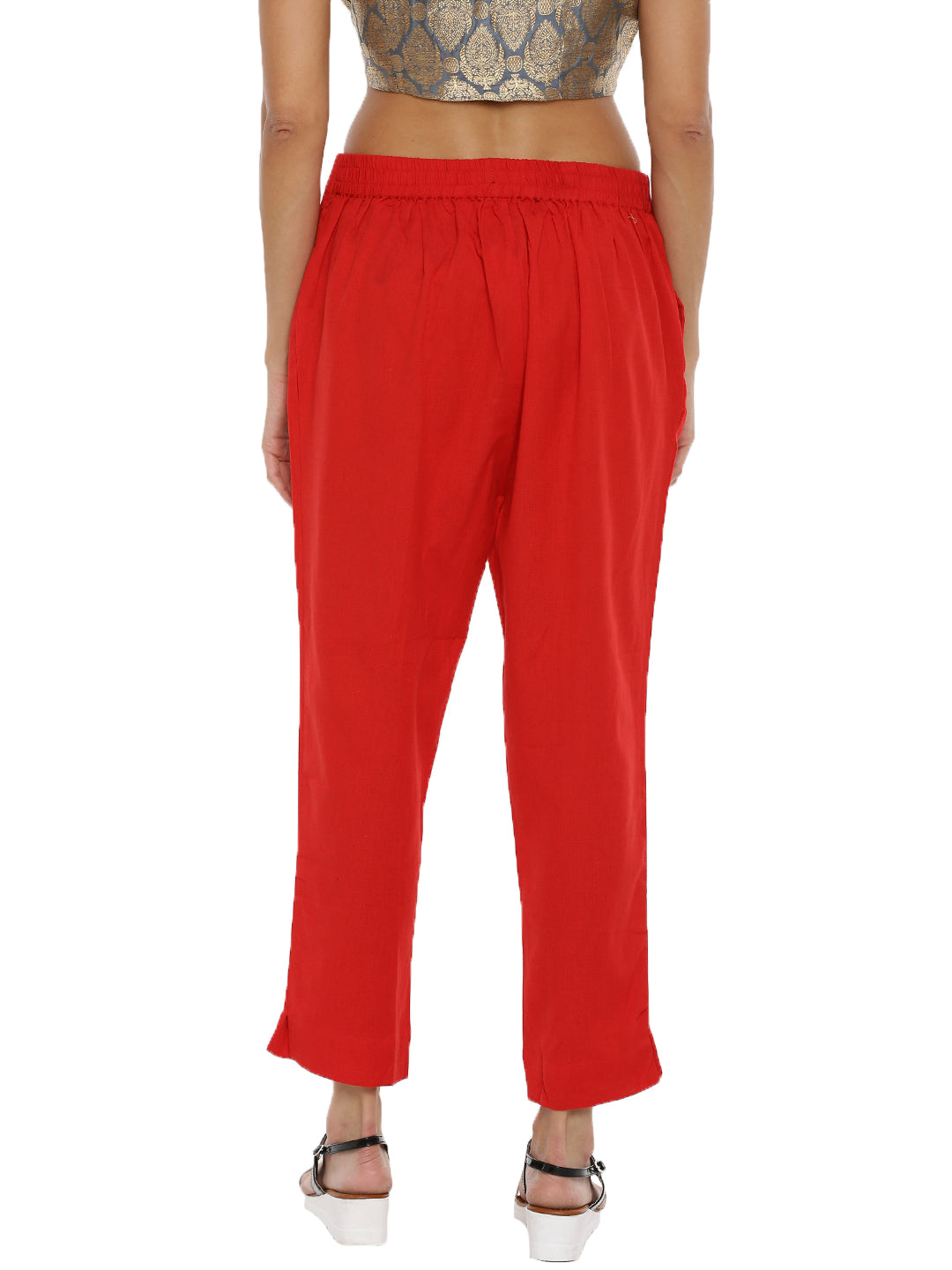 De Moza Ladies Cigarette Pant Woven Bottom Solid Cotton Flex Red - De Moza (6643686965311)