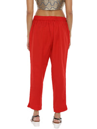 De Moza Ladies Cigarette Pant Woven Bottom Solid Cotton Flex Red - De Moza (6643686965311)