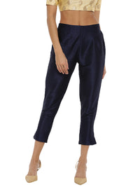 De Moza Ladies Cigarette Pant Woven Bottom Solid Polyester Dark Navy Blue - De Moza (6643687227455)