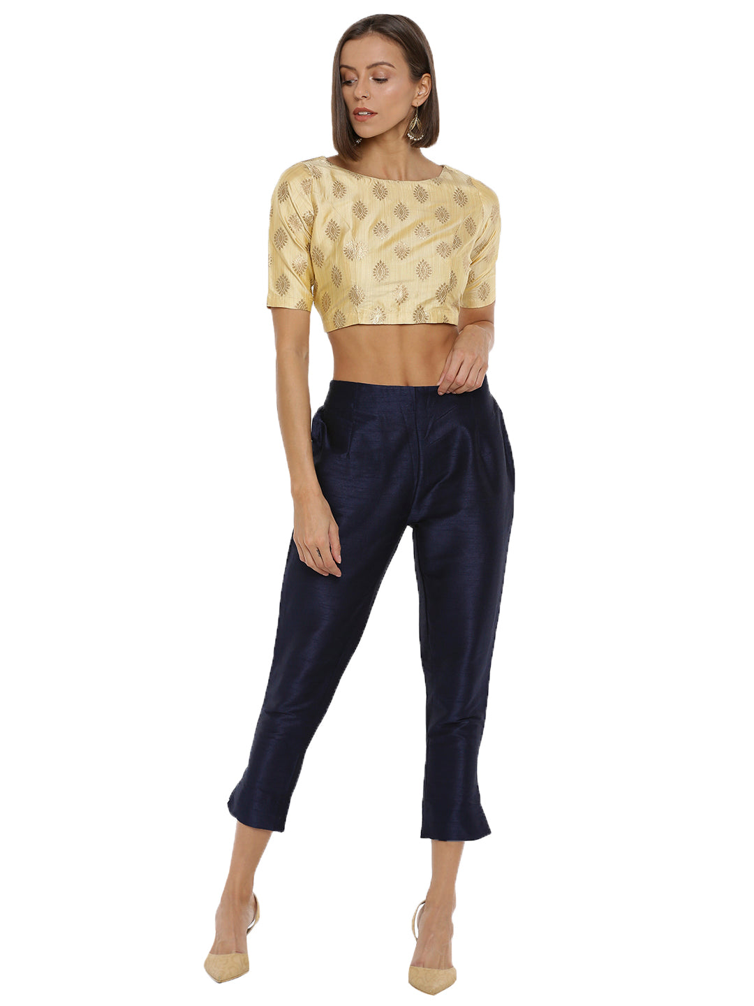 De Moza Ladies Cigarette Pant Woven Bottom Solid Polyester Dark Navy Blue - De Moza (6643687227455)