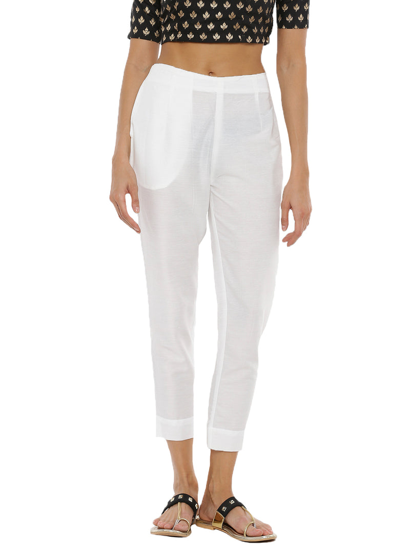De Moza Ladies Cigarette Pant Woven Bottom Solid Polyester Offwhite - De Moza (6643687063615)