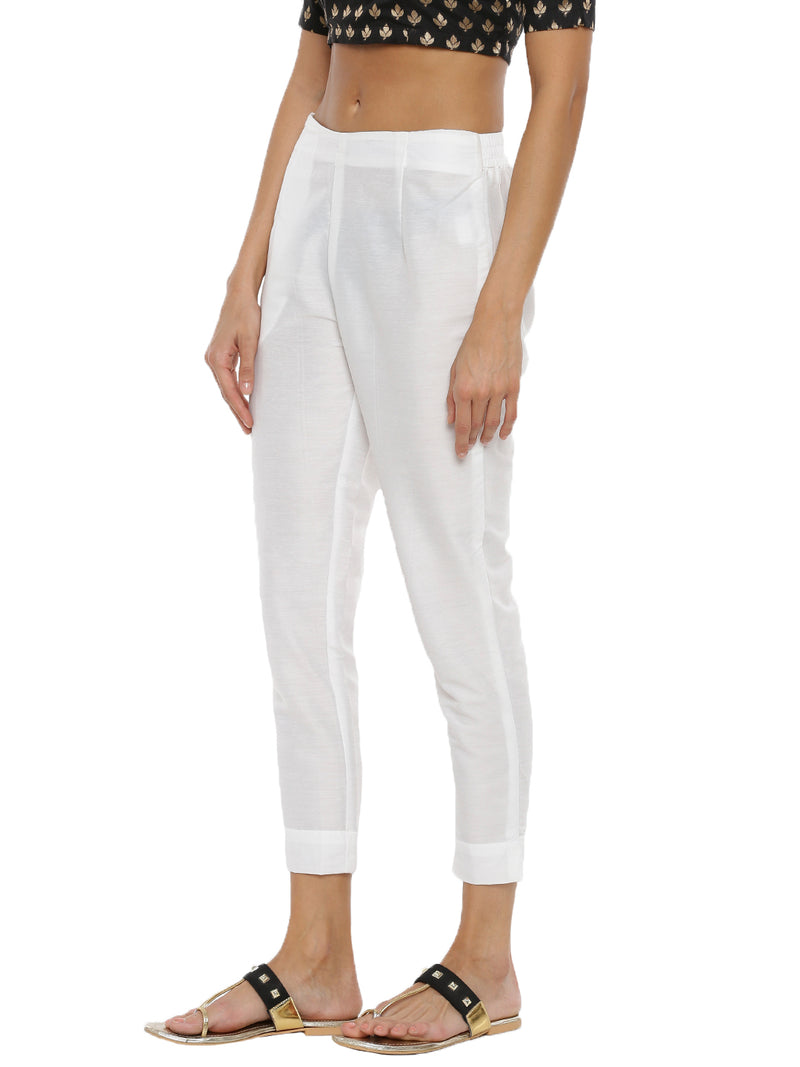 De Moza Ladies Cigarette Pant Woven Bottom Solid Polyester Offwhite - De Moza (6643687063615)