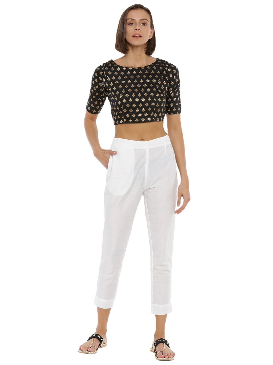 De Moza Ladies Cigarette Pant Woven Bottom Solid Polyester Offwhite - De Moza (6643687063615)