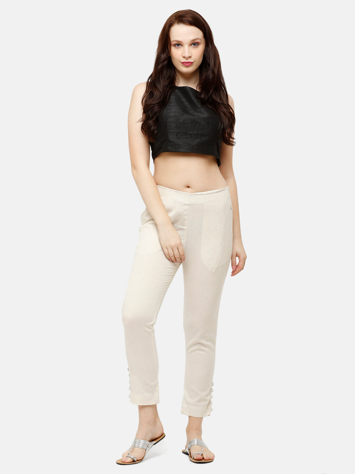 Buy De Moza Women Gold Solid Polyester Cigarette Pant Online at