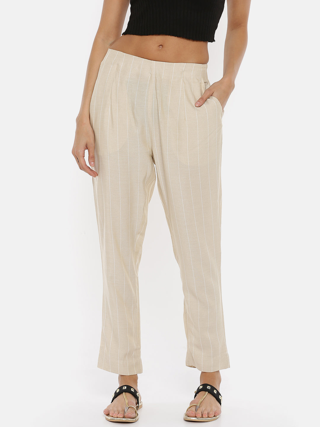 De Moza Women's Cigarette Pant Yarn Dyed Rayon Beige - De Moza (4465242275903)