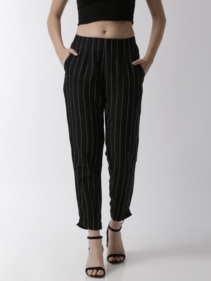 De Moza Women's Cigarette Pant Woven Bottom StripedRayon Black - De Moza (4499733315647)