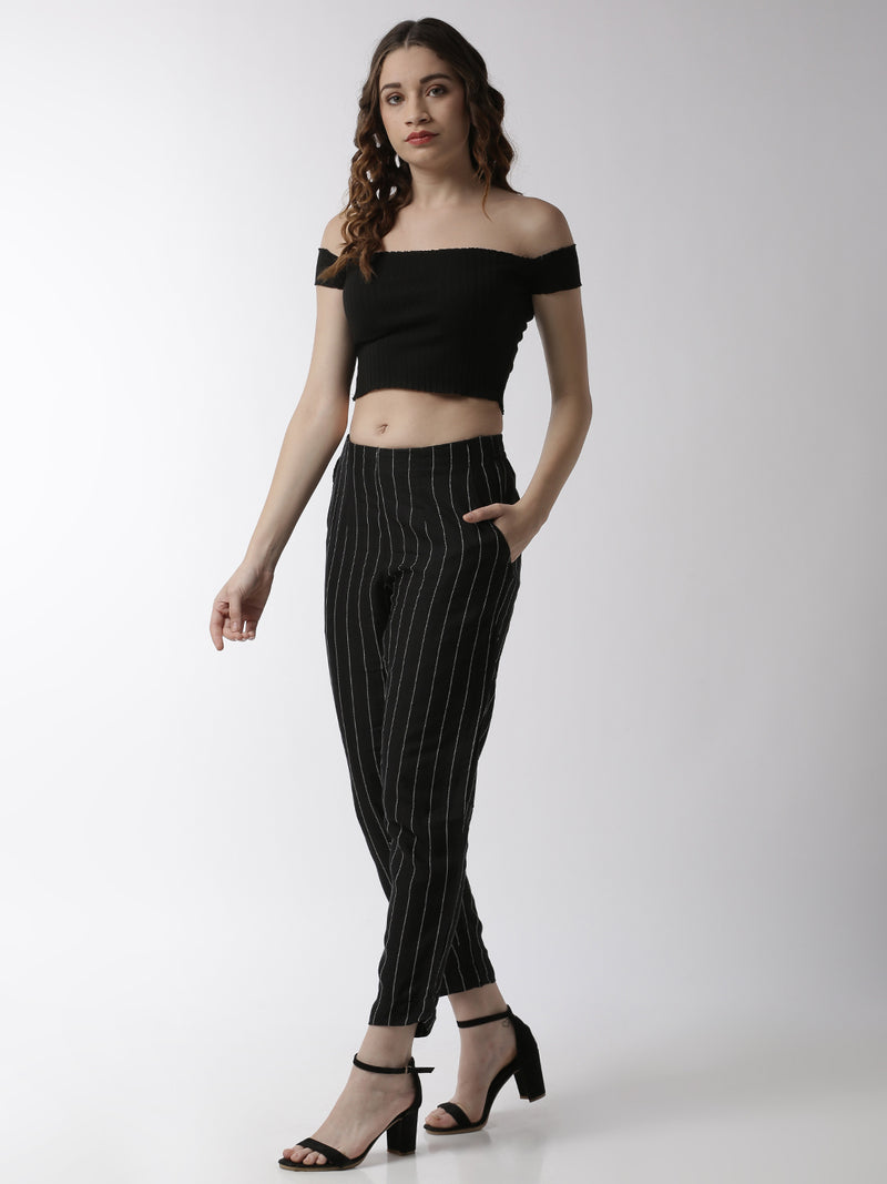 De Moza Women's Cigarette Pant Woven Bottom StripedRayon Black - De Moza (4499733315647)