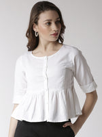 De Moza Women's Half Sleeve Woven Top Solid Cotton White - De Moza (4470437249087)