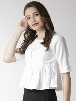 De Moza Women's Half Sleeve Woven Top Solid Cotton White - De Moza (4470437249087)
