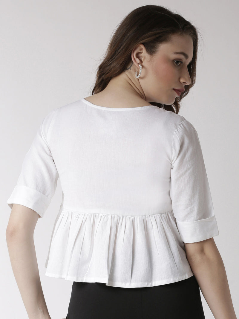 De Moza Women's Half Sleeve Woven Top Solid Cotton White - De Moza (4470437249087)