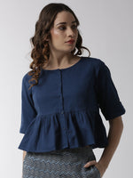 De Moza Women's Half Sleeve Woven Top Solid Cotton Indigo Blue - De Moza (4499734331455)