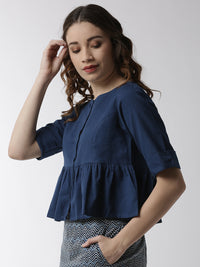 De Moza Women's Half Sleeve Woven Top Solid Cotton Indigo Blue - De Moza (4499734331455)