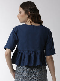 De Moza Women's Half Sleeve Woven Top Solid Cotton Indigo Blue - De Moza (4499734331455)