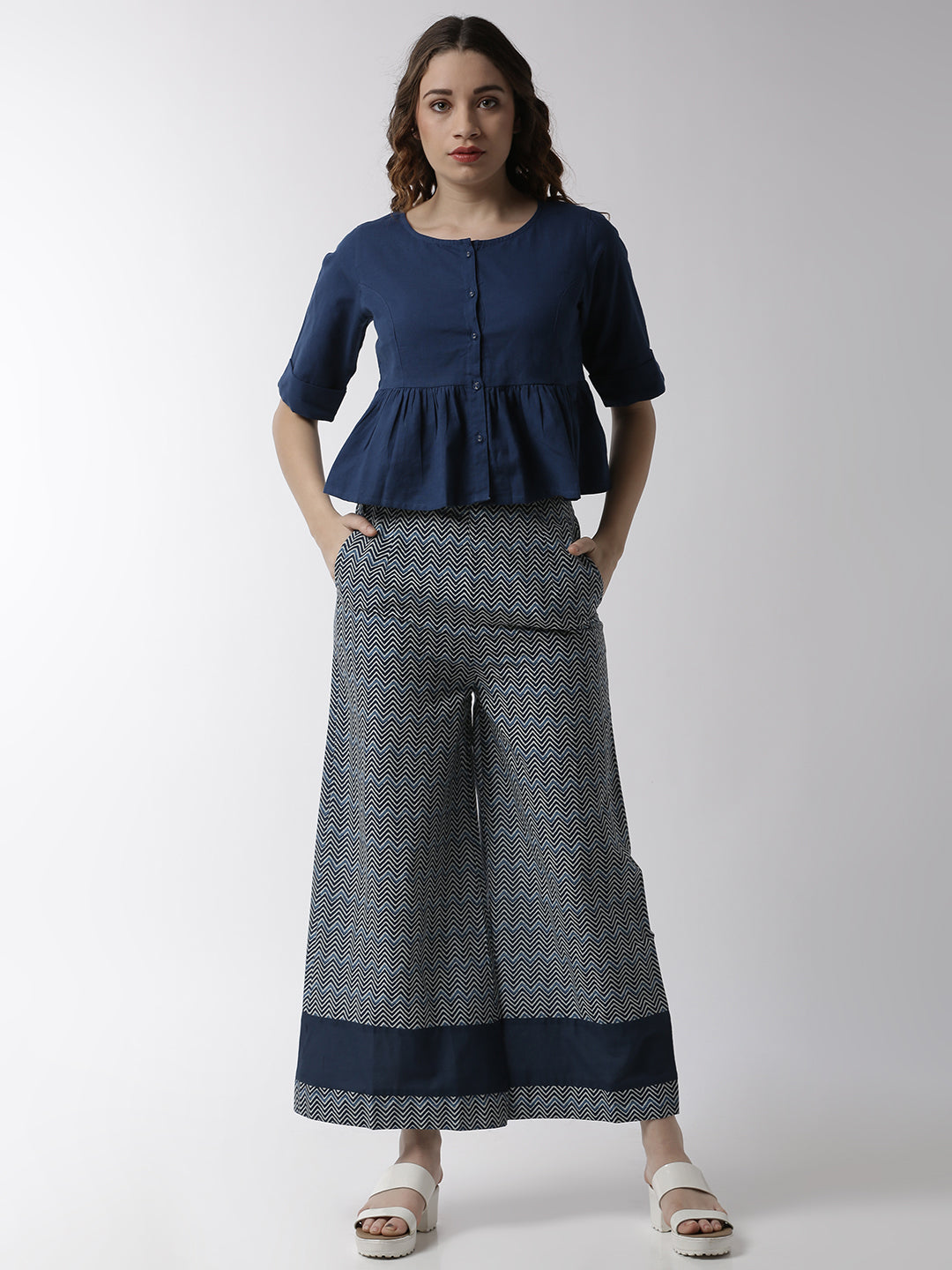 De Moza Women's Half Sleeve Woven Top Solid Cotton Indigo Blue - De Moza (4499734331455)