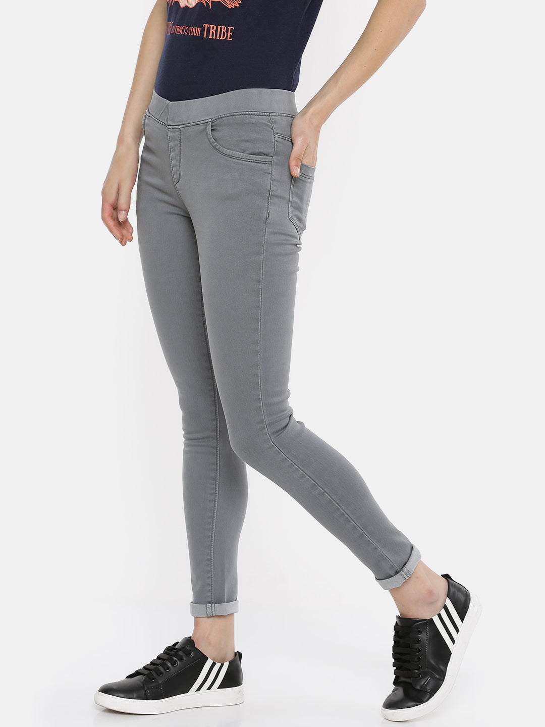 De Moza Women's Jegging Woven Bottom Solid Cotton Dark Grey - De Moza (4474999636031)