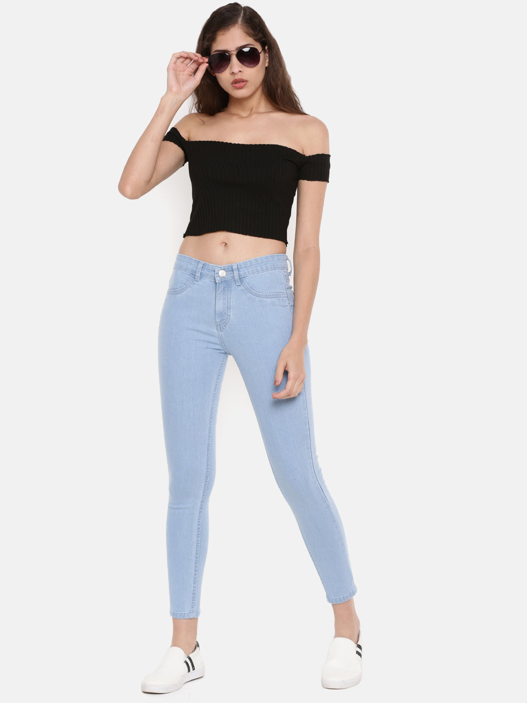 De Moza Women's Jeans Pant Woven Bottom Solid Denim Ice Blue - De Moza (4474999504959)