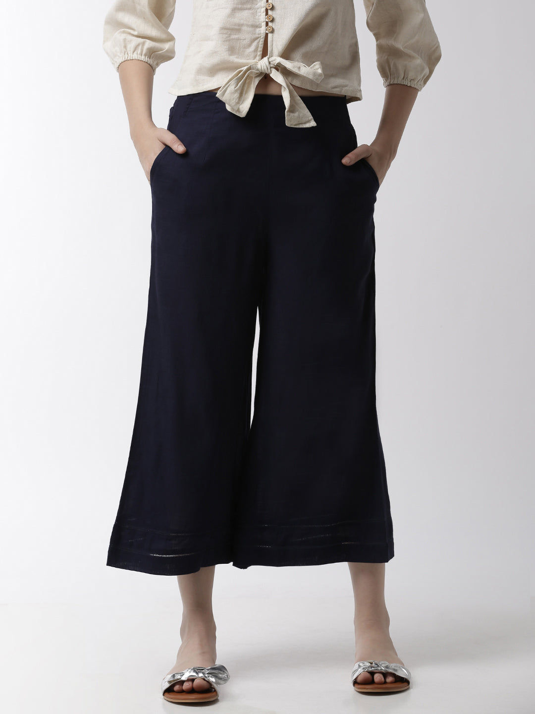 De Moza Women's Crop Palazzo Woven Bottom  Rayon Dark Navy Blue - De Moza (4499734069311)