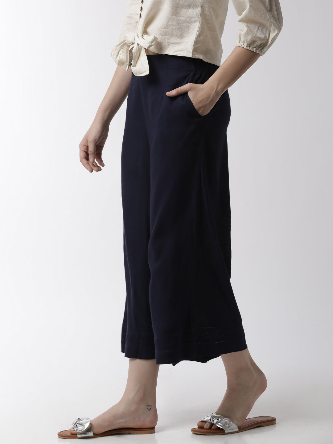 De Moza Women's Crop Palazzo Woven Bottom  Rayon Dark Navy Blue - De Moza (4499734069311)