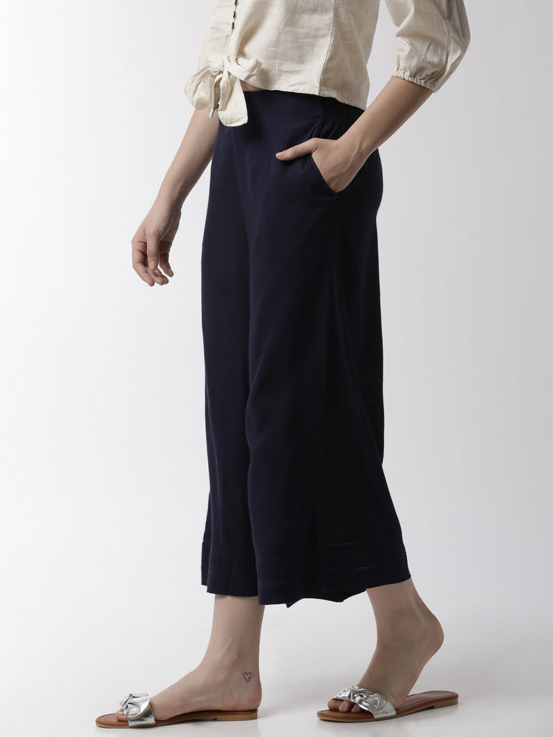 De Moza Women's Crop Palazzo Woven Bottom  Rayon Dark Navy Blue - De Moza (4499734069311)