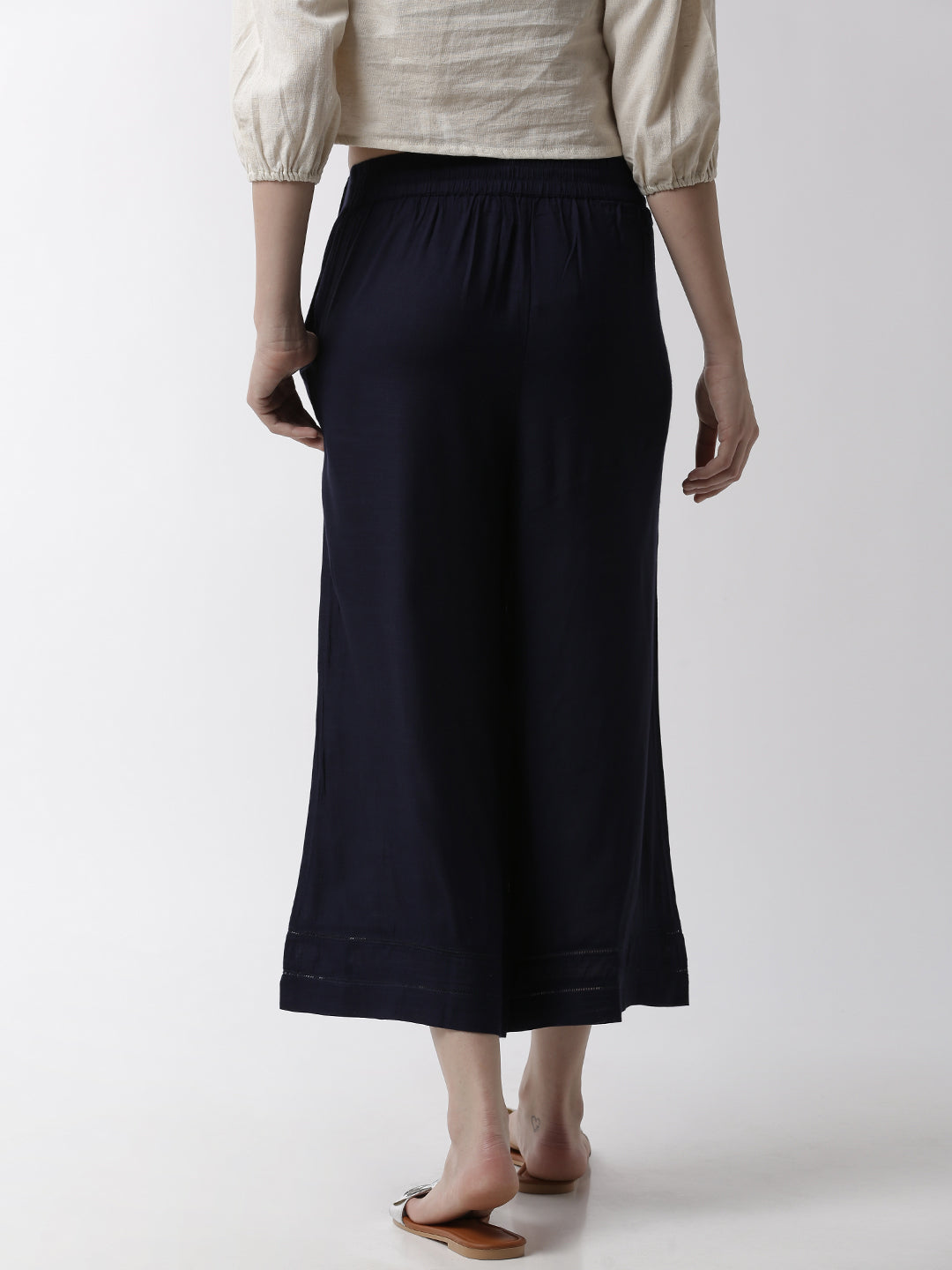 De Moza Women's Crop Palazzo Woven Bottom  Rayon Dark Navy Blue - De Moza (4499734069311)