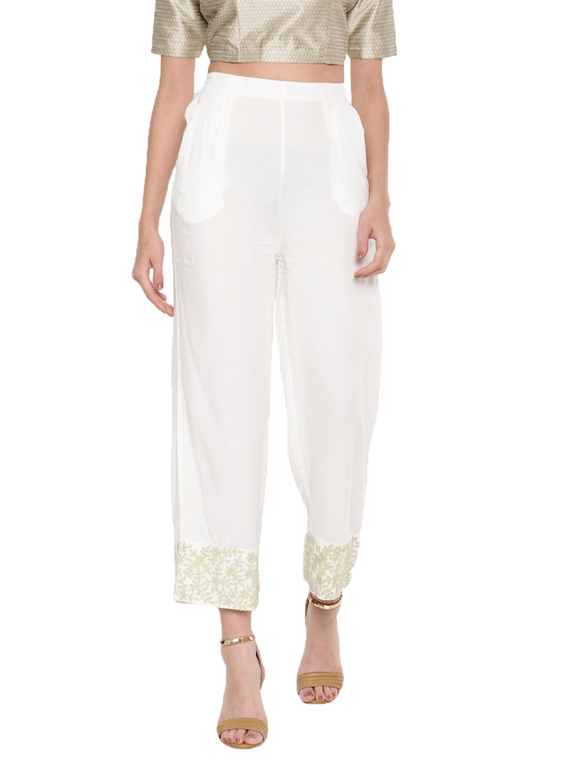 De Moza Ladies White Embroidered Palazzo - De Moza (1597259939903)