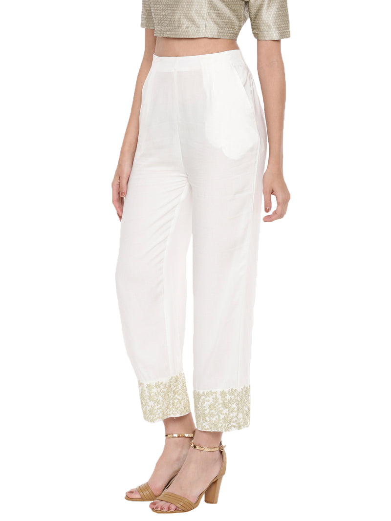 De Moza Ladies White Embroidered Palazzo - De Moza (1597259939903)