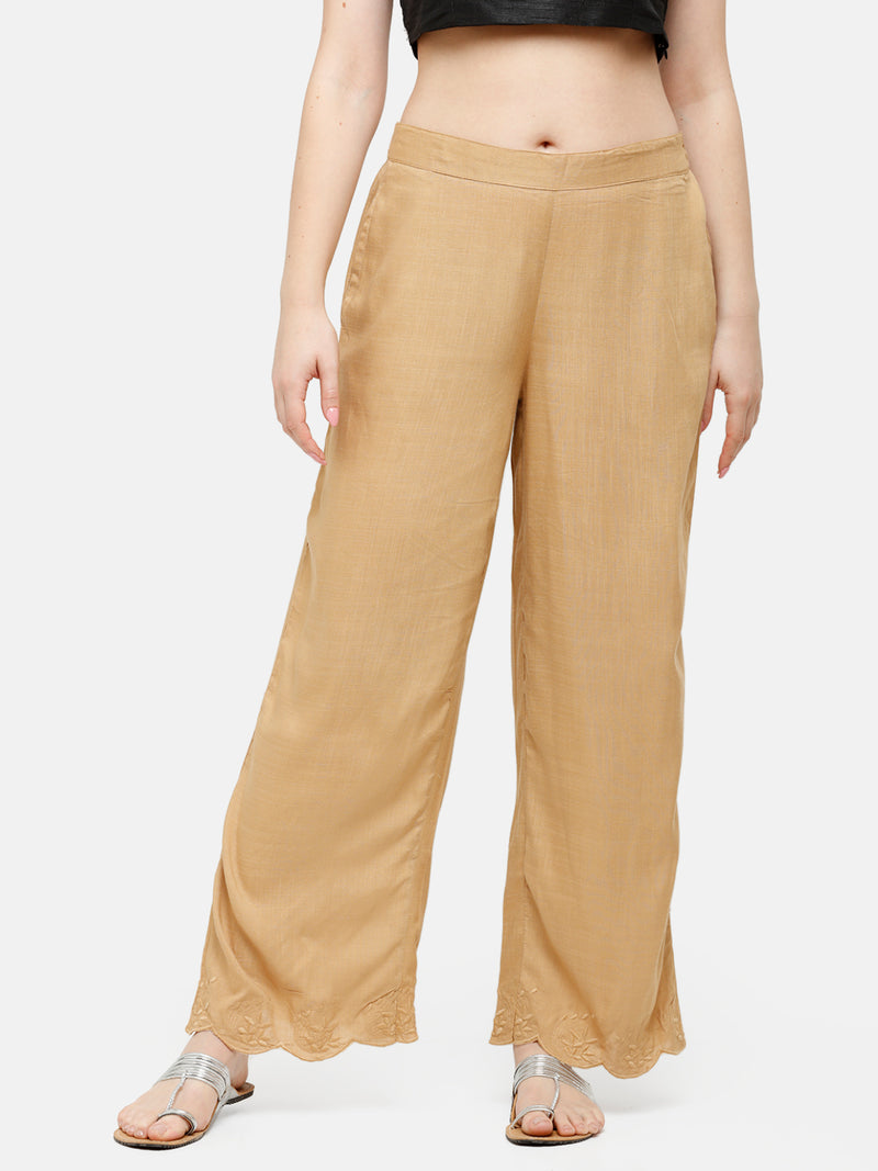 De Moza Women's Regular Palazzo Woven Bottom Embrodry Rayon Golden Beige - De Moza (4885588115519)
