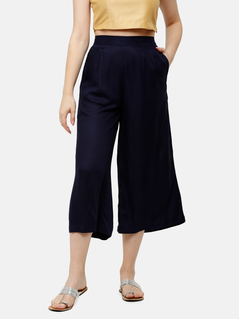 De Moza Women's Crop Palazzo Woven Bottom Solid Rayon Dark Navy Blue - De Moza (4885588639807)