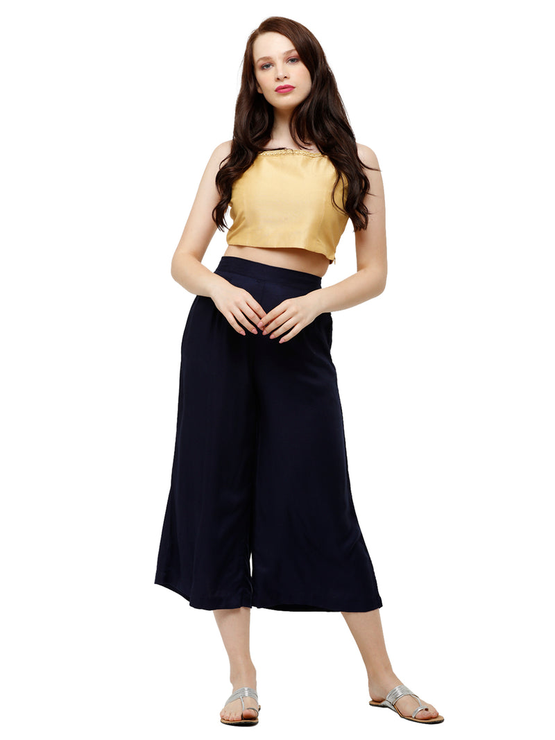 De Moza Women's Crop Palazzo Woven Bottom Solid Rayon Dark Navy Blue - De Moza (4885588639807)