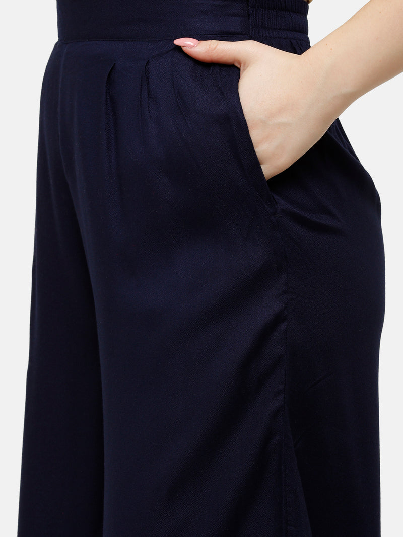 De Moza Women's Crop Palazzo Woven Bottom Solid Rayon Dark Navy Blue - De Moza (4885588639807)