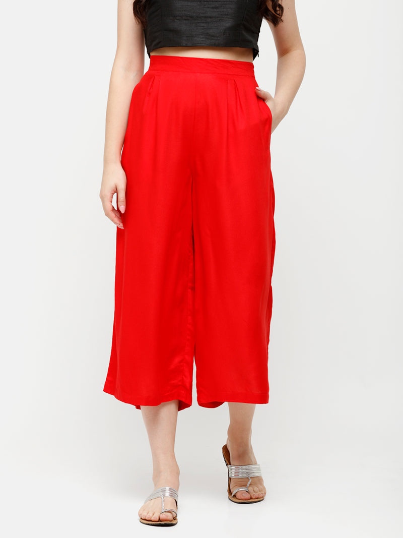 De Moza Women's Crop Palazzo Woven Bottom Solid Rayon Red - De Moza (4885588705343)