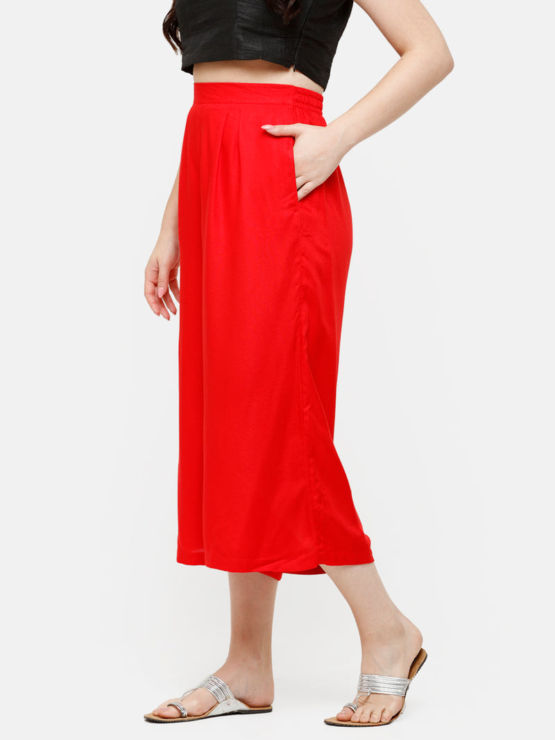 De Moza Women's Crop Palazzo Woven Bottom Solid Rayon Red - De Moza (4885588705343)