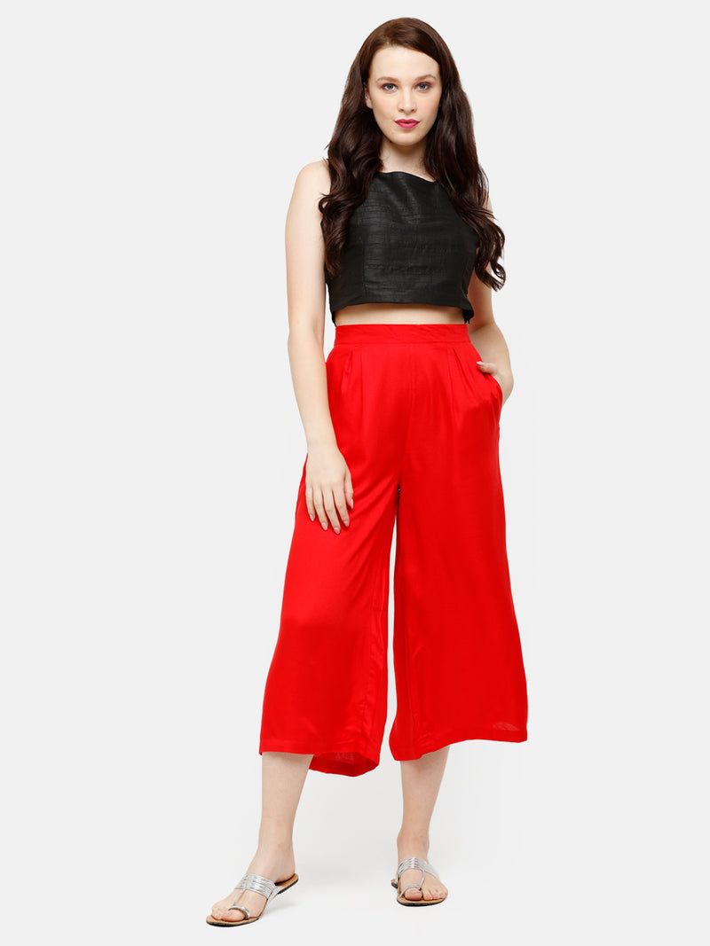 De Moza Women's Crop Palazzo Woven Bottom Solid Rayon Red - De Moza (4885588705343)