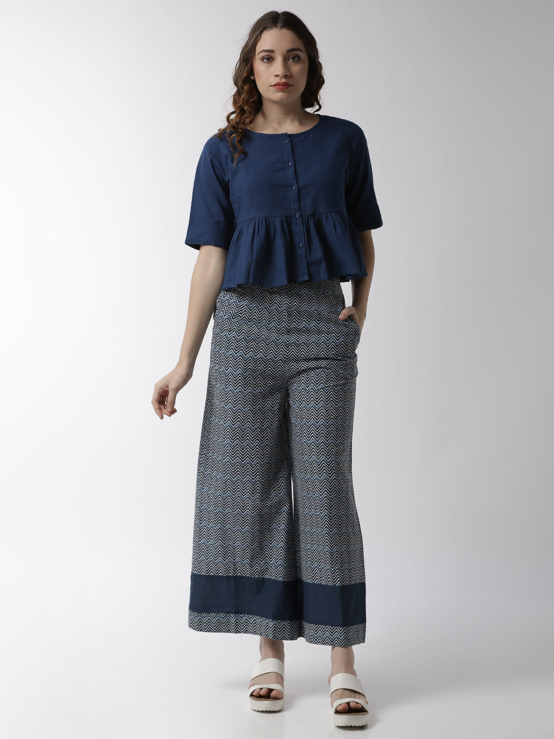 De Moza Women's Printed Palazzo Woven Bottom Cotton Indigo Blue - De Moza (4499733807167)