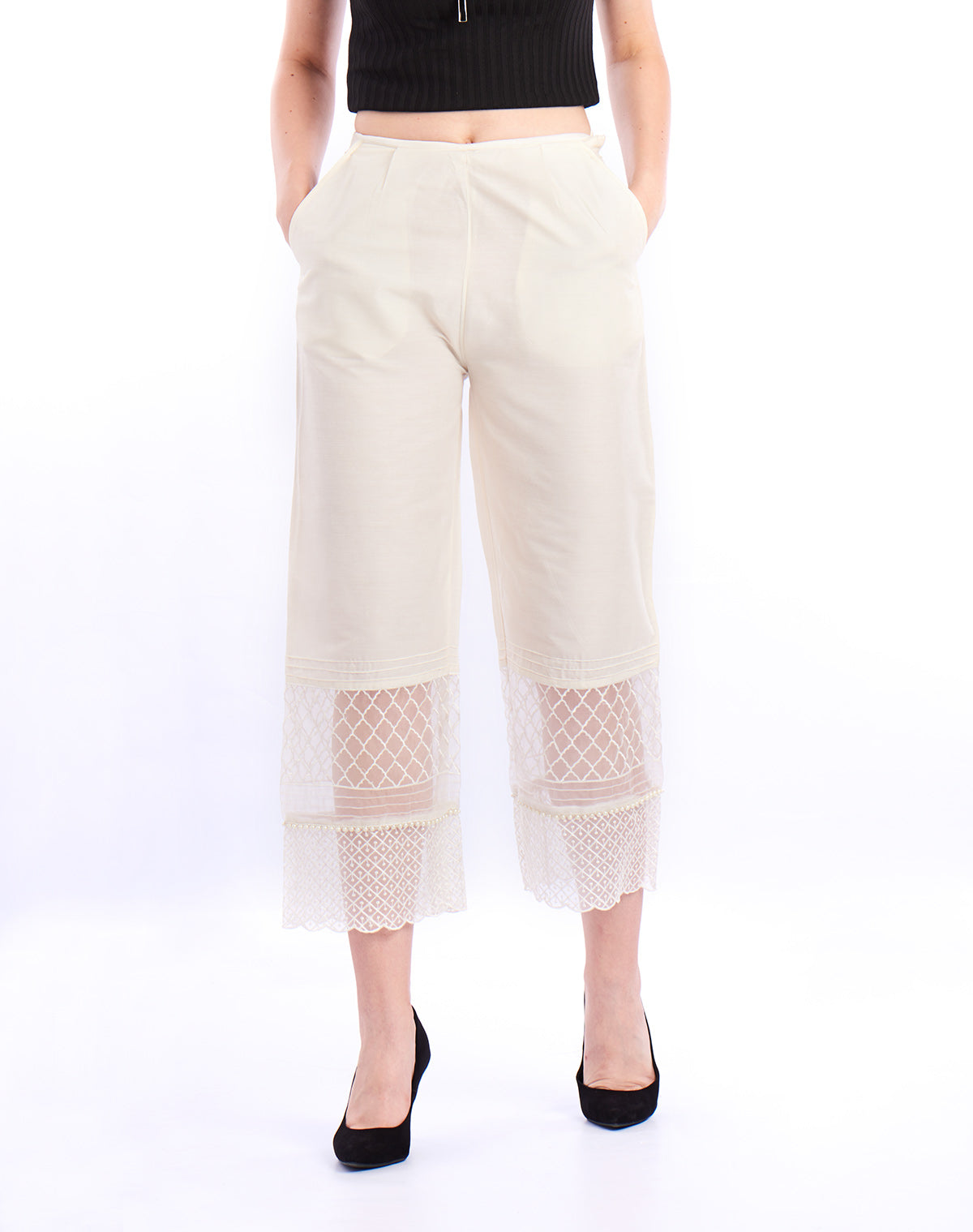 De Moza Ladies embroidery Regular Palazzo Offwhite - De Moza (1550610399295)