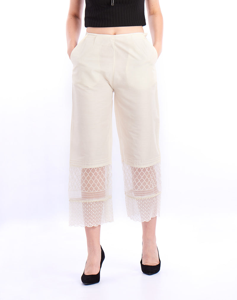 De Moza Ladies embroidery Regular Palazzo Offwhite - De Moza (1550610399295)