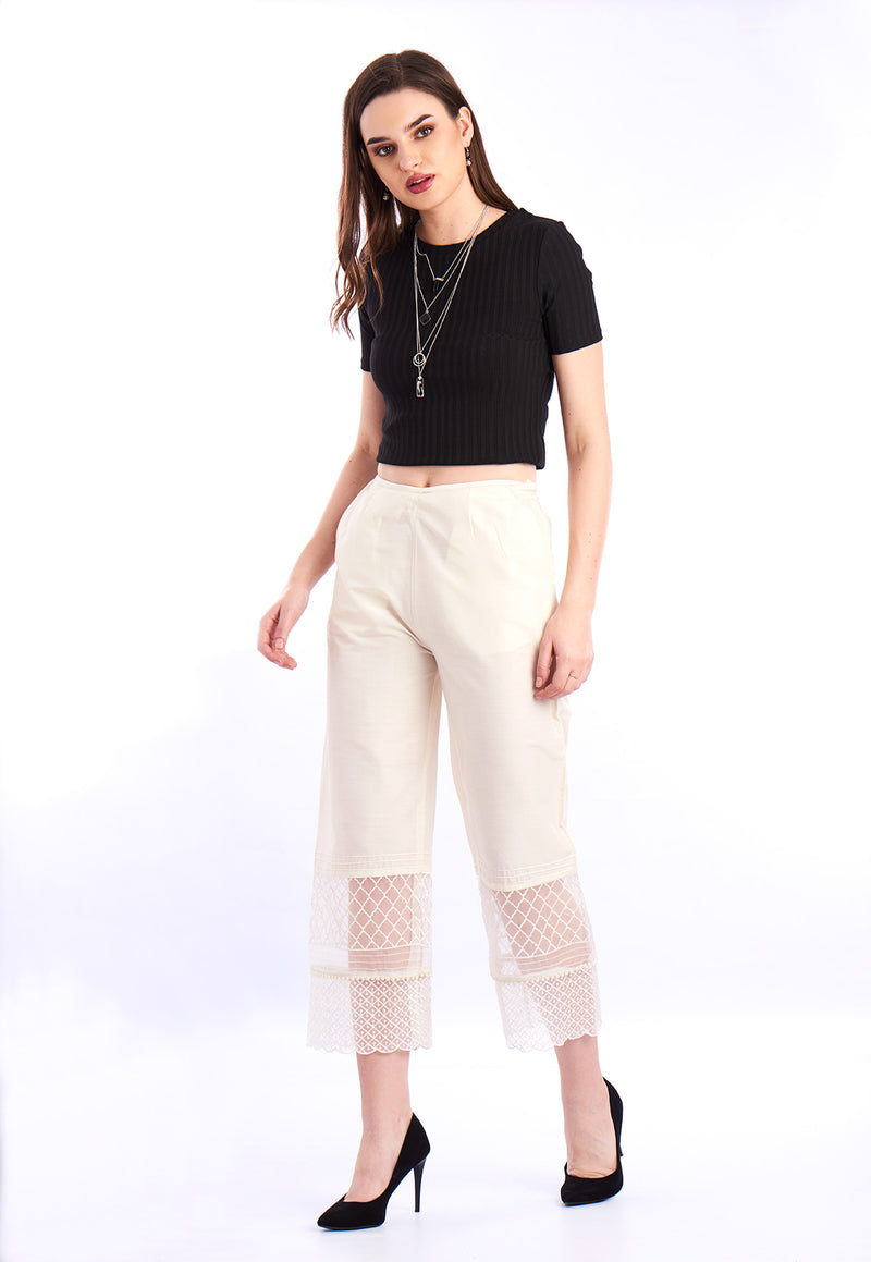 De Moza Ladies embroidery Regular Palazzo Offwhite - De Moza (1550610399295)