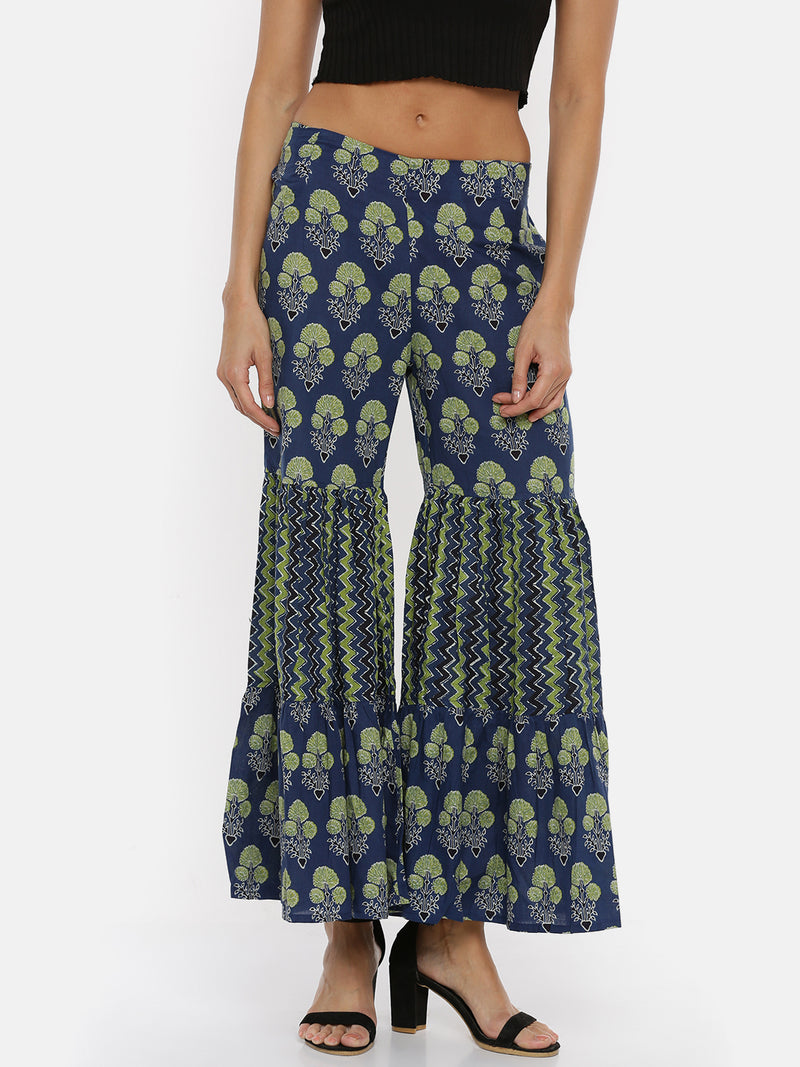 De Moza Ladies Printed Indigo Blue Sharara Pant - De Moza (1738017570879)