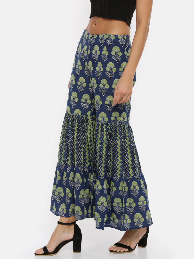 De Moza Ladies Printed Indigo Blue Sharara Pant - De Moza (1738017570879)