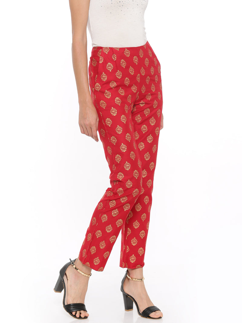 De Moza Women's Printed Straight Pant Polyester Red - De Moza (4465228578879)