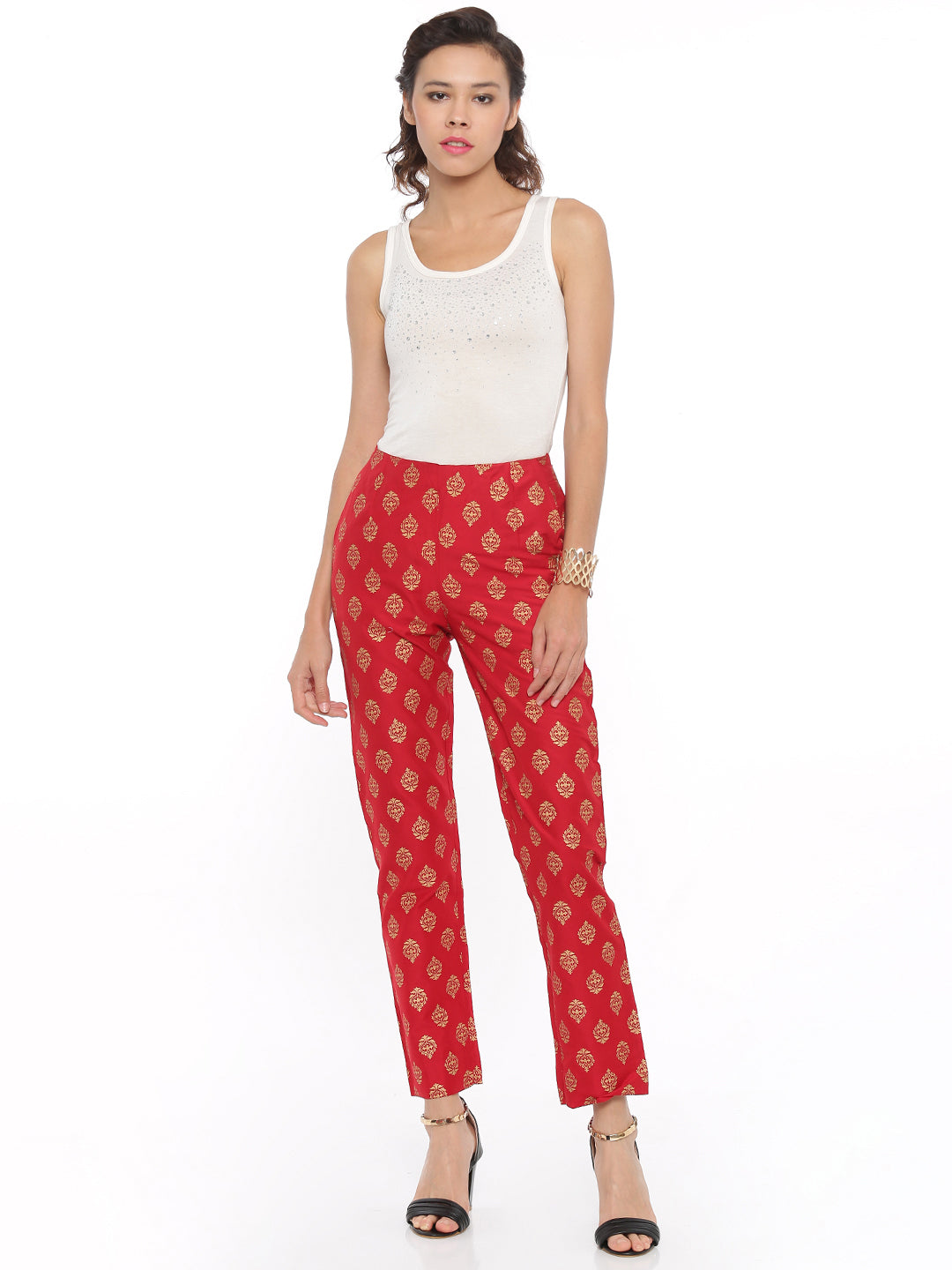 De Moza Women's Printed Straight Pant Polyester Red - De Moza (4465228578879)