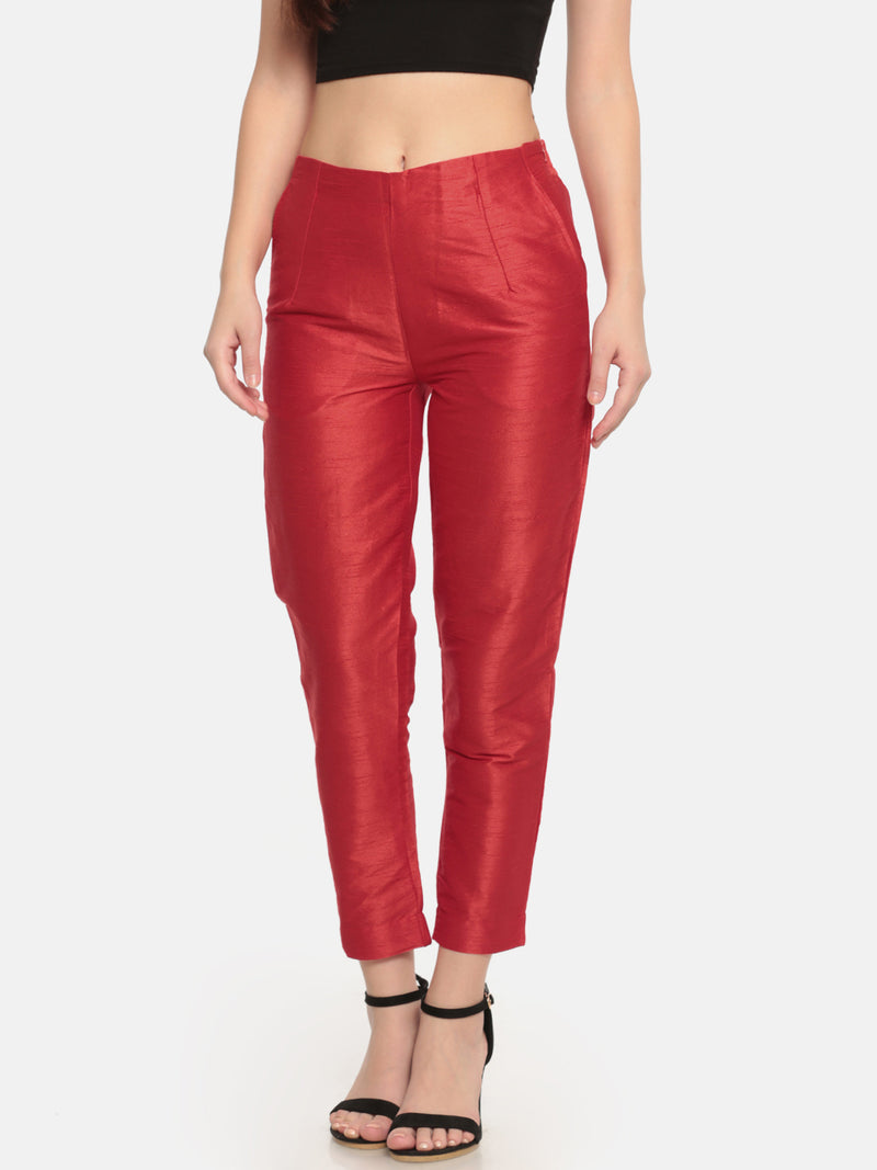 De Moza- Women Red Straight Fit Solid Trouser - De Moza (572015870015)