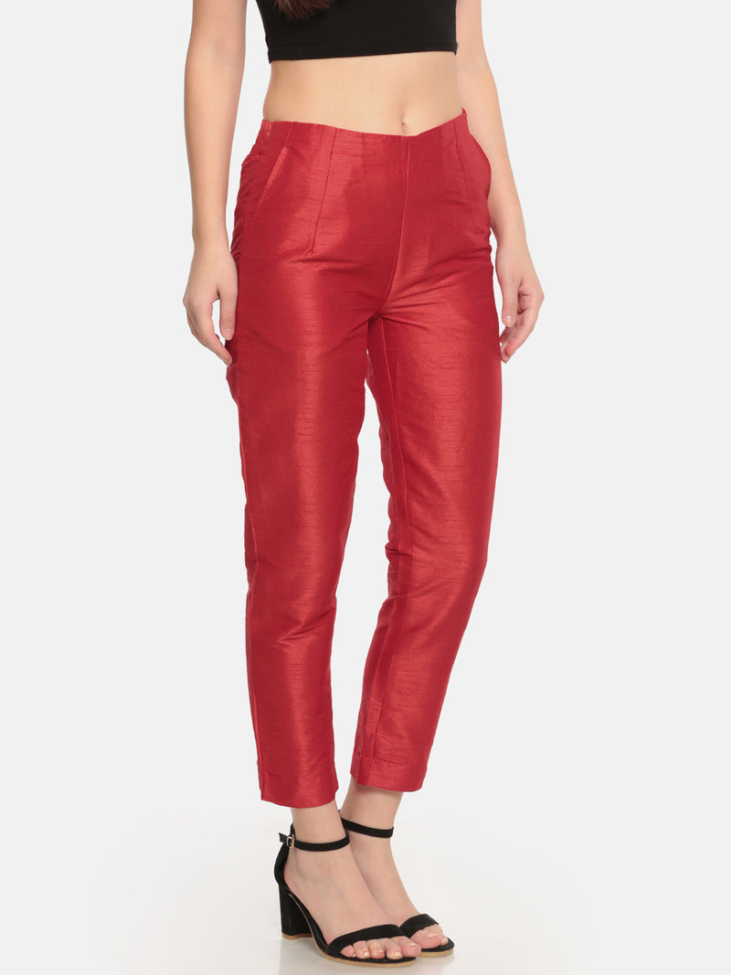 De Moza- Women Red Straight Fit Solid Trouser - De Moza (572015870015)