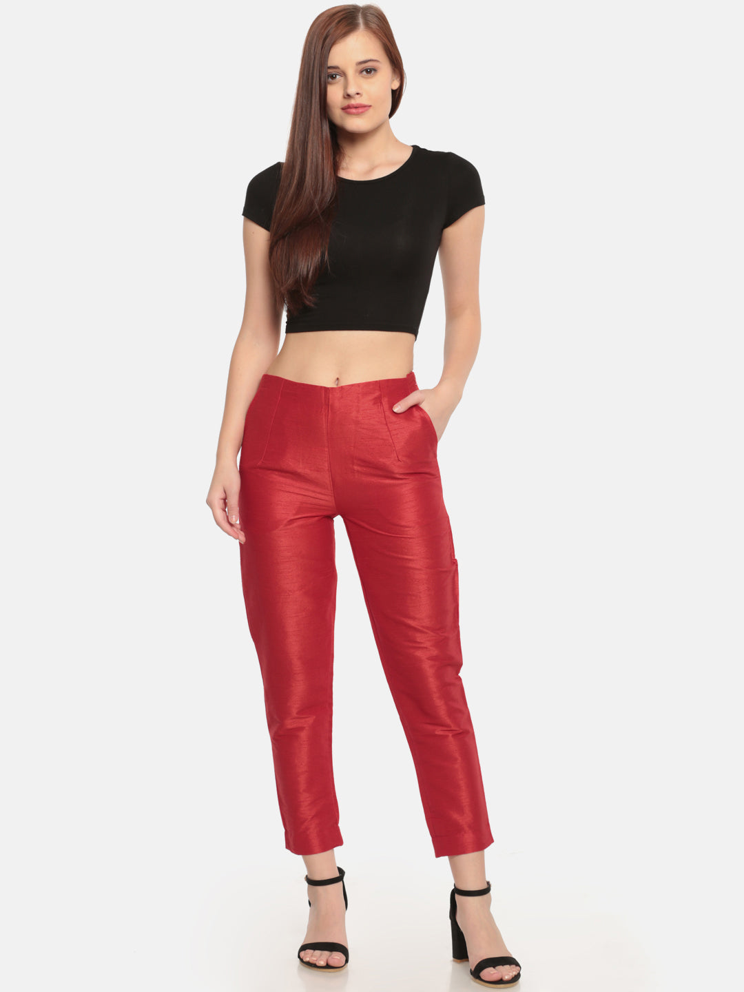 De Moza- Women Red Straight Fit Solid Trouser - De Moza (572015870015)