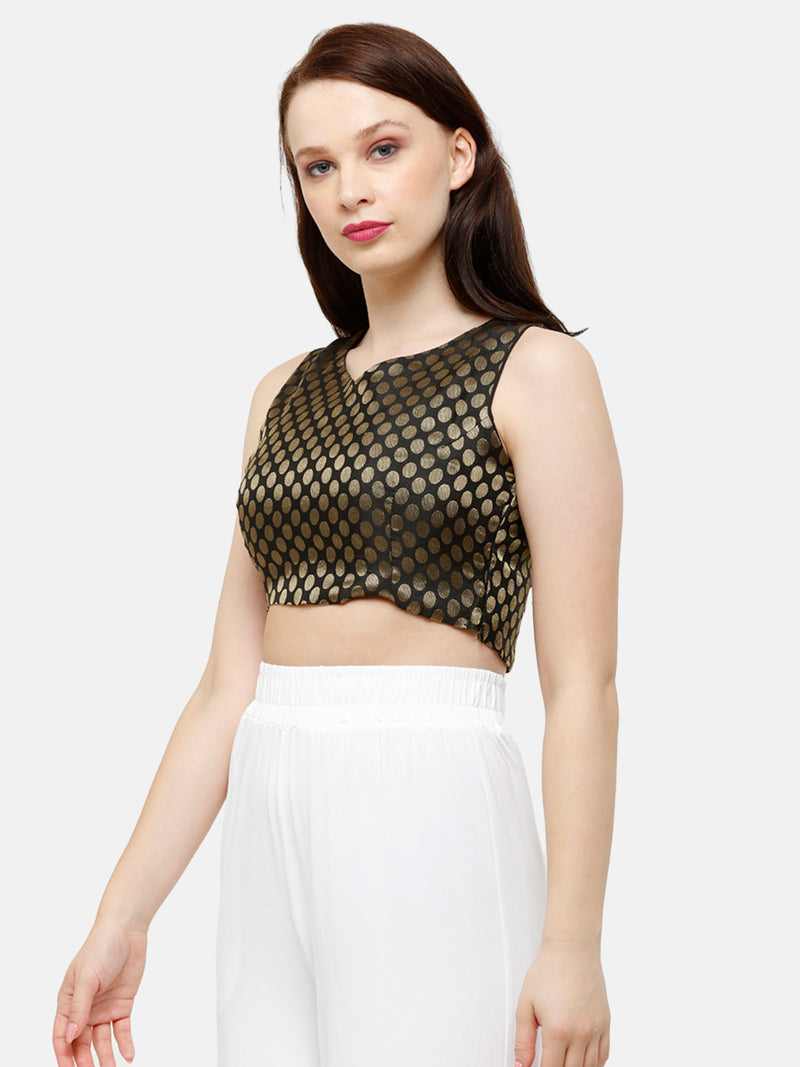 De Moza Women's HS Crop Woven Top Jaquard Polyester Black - De Moza (4885587132479)
