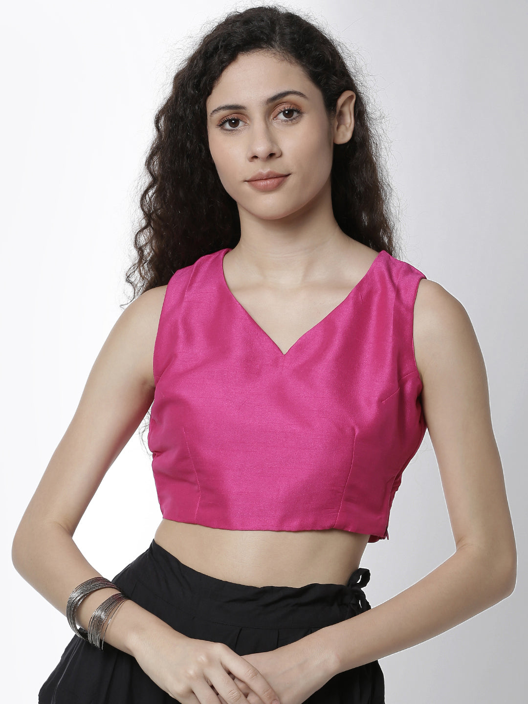 De Moza Women's HS Crop Woven Top Solid Polyester Fuchsia - De Moza (4461738295359)