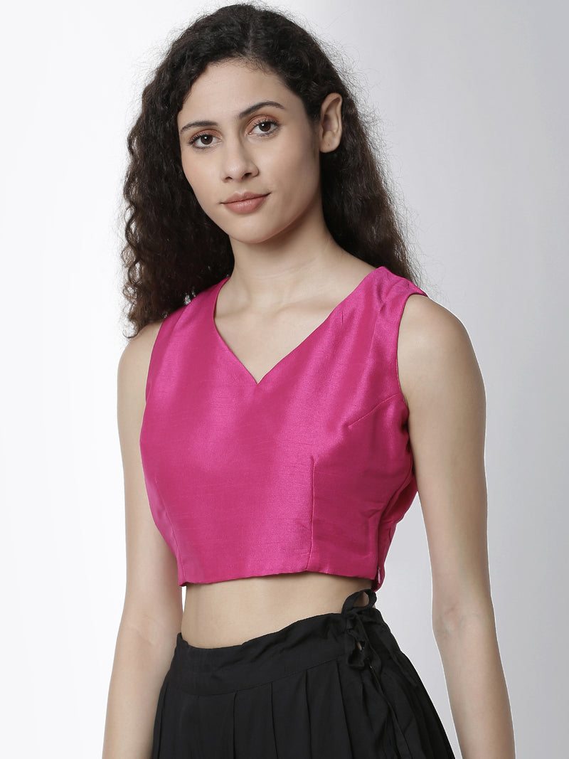 De Moza Women's HS Crop Woven Top Solid Polyester Fuchsia - De Moza (4461738295359)