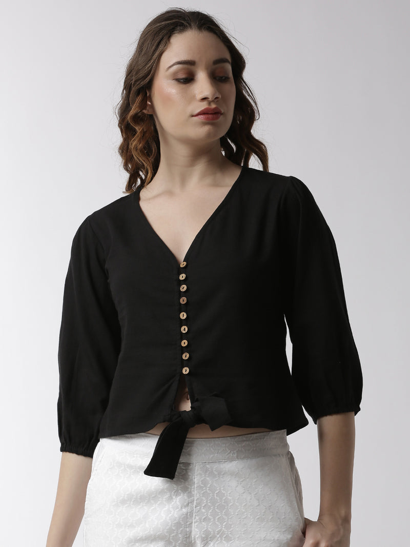 De Moza Women's Shirt Woven Top Solid Cotton Black - De Moza (4499734233151)