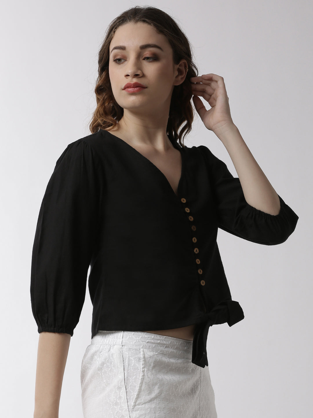 De Moza Women's Shirt Woven Top Solid Cotton Black - De Moza (4499734233151)