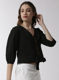 De Moza Women's Shirt Woven Top Solid Cotton Black - De Moza (4499734233151)